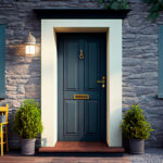 Comfortable front door of house in stylish modern cottage. Generative AI illustration