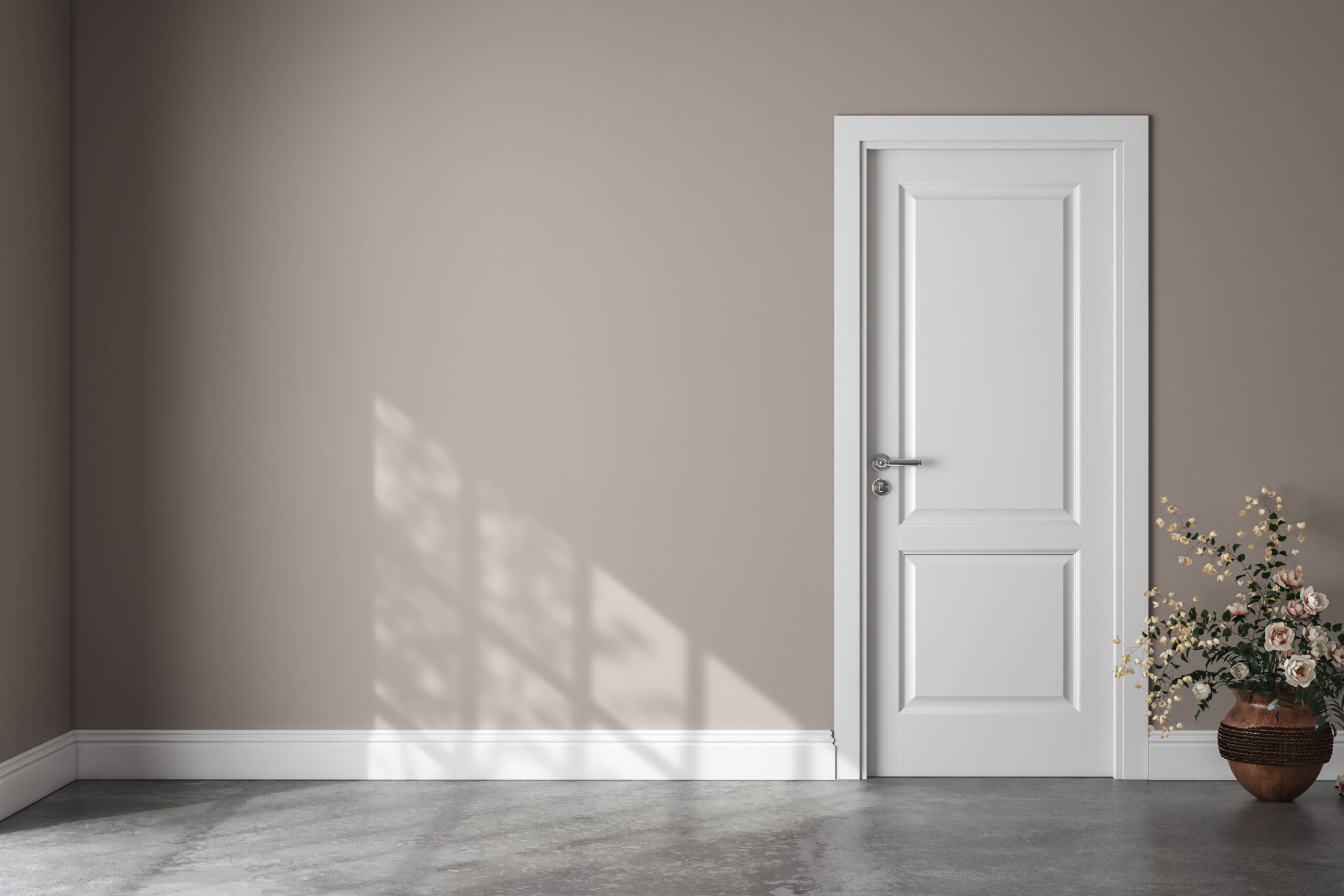 Empty room interior with white door, concrete floor, baseboard, window, sunlight, morning sun, mock up, office, beige, rose, plant. 3d Rendering