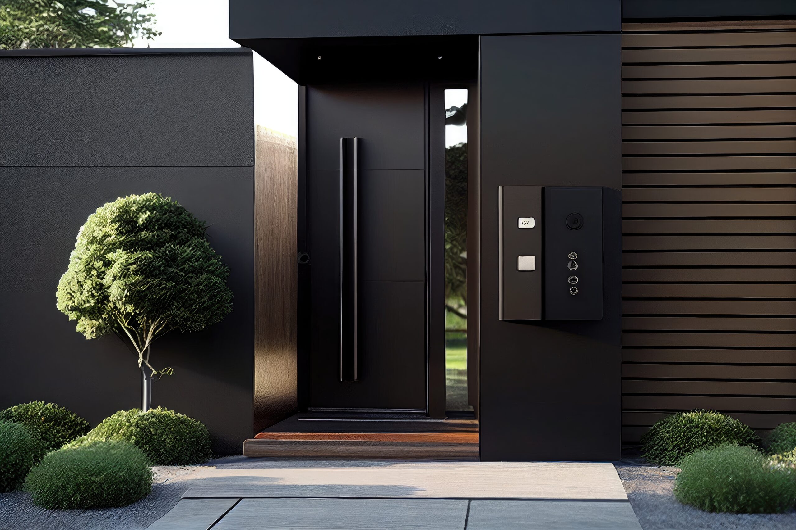 modern, sleek entrance with electronic touchpad lock and security camera, created with generative ai